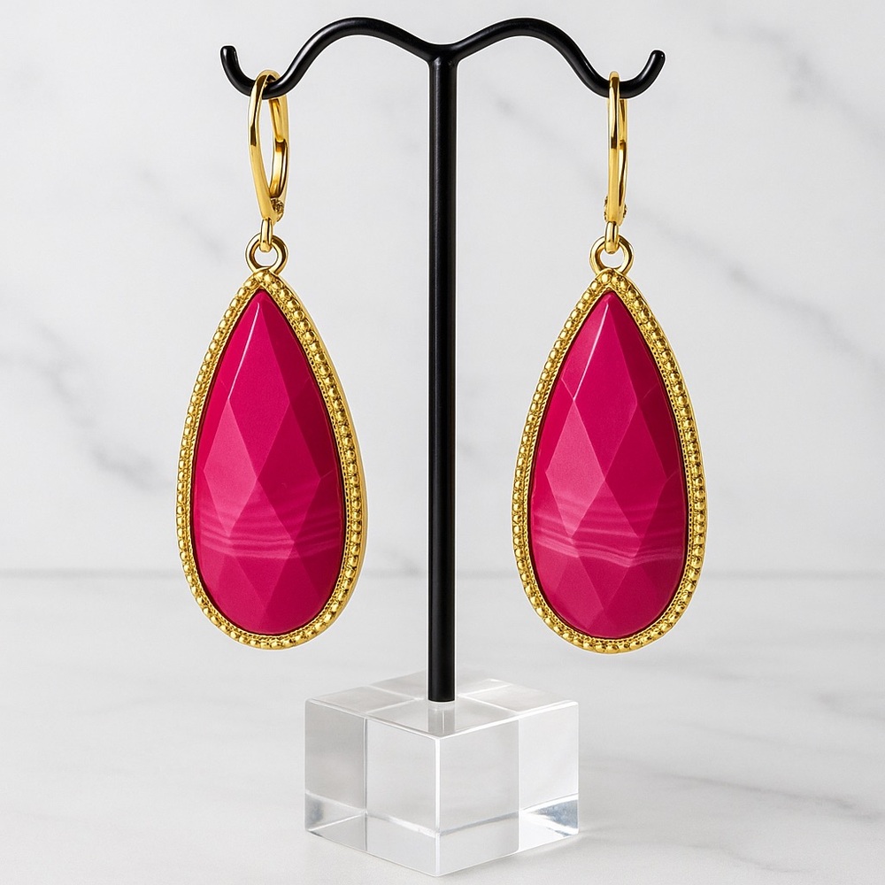 Gold-tone and Pink Teardrop Earrings